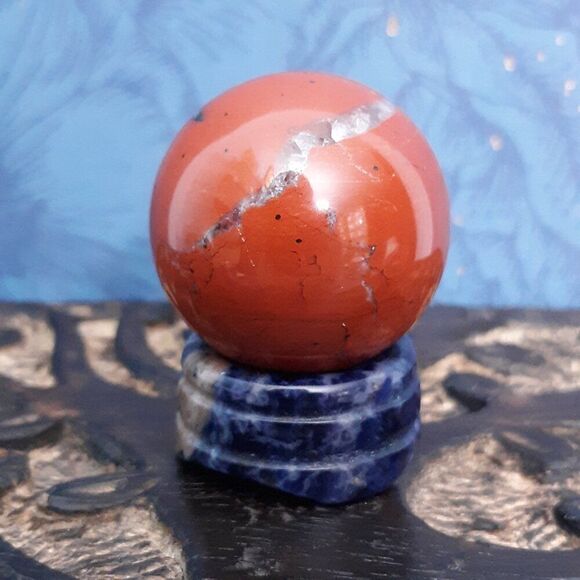 Curated Crystal Pair Red Jasper sphere ball with Sodalite base metaphysical set - Picture 7 of 11